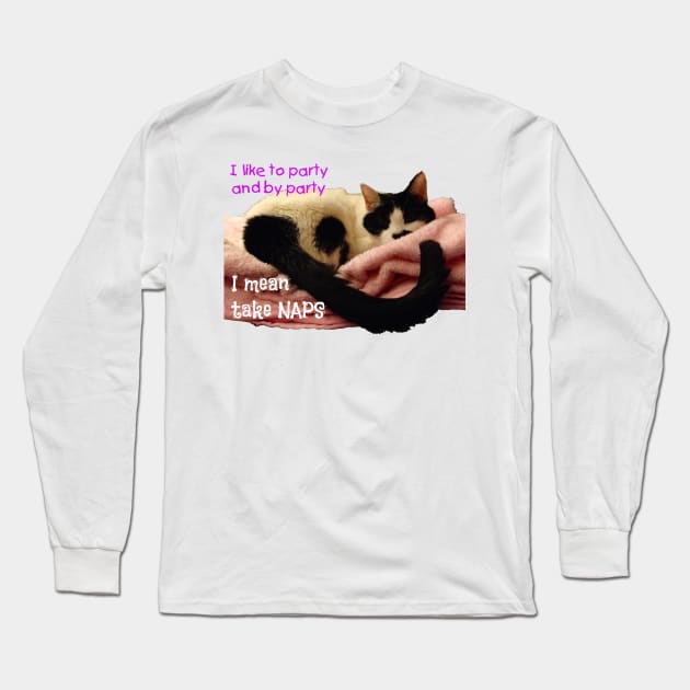 PAWTY TIME cow cat party like a napping cat Long Sleeve T-Shirt by TanoshiiNeko